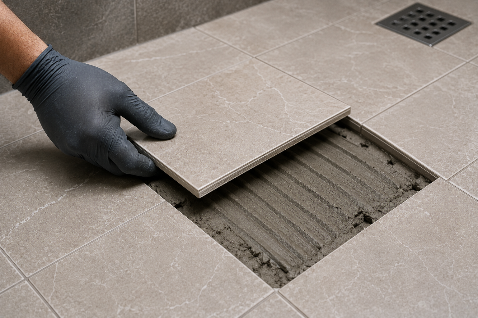 Tile being set onto a prepared bathroom floor substrate