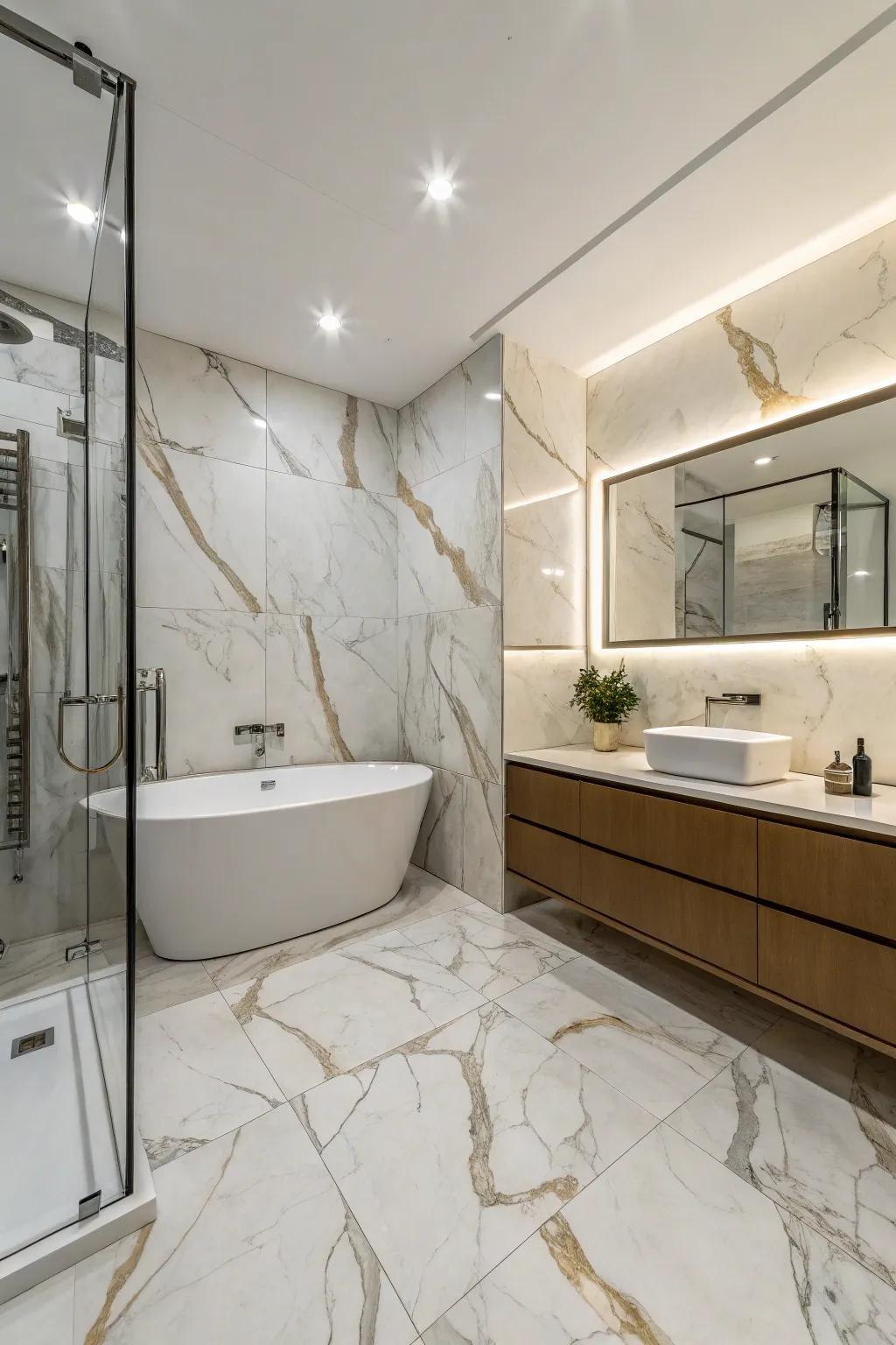 Marble-tiled bathroom with freestanding bath and stone tiled floor